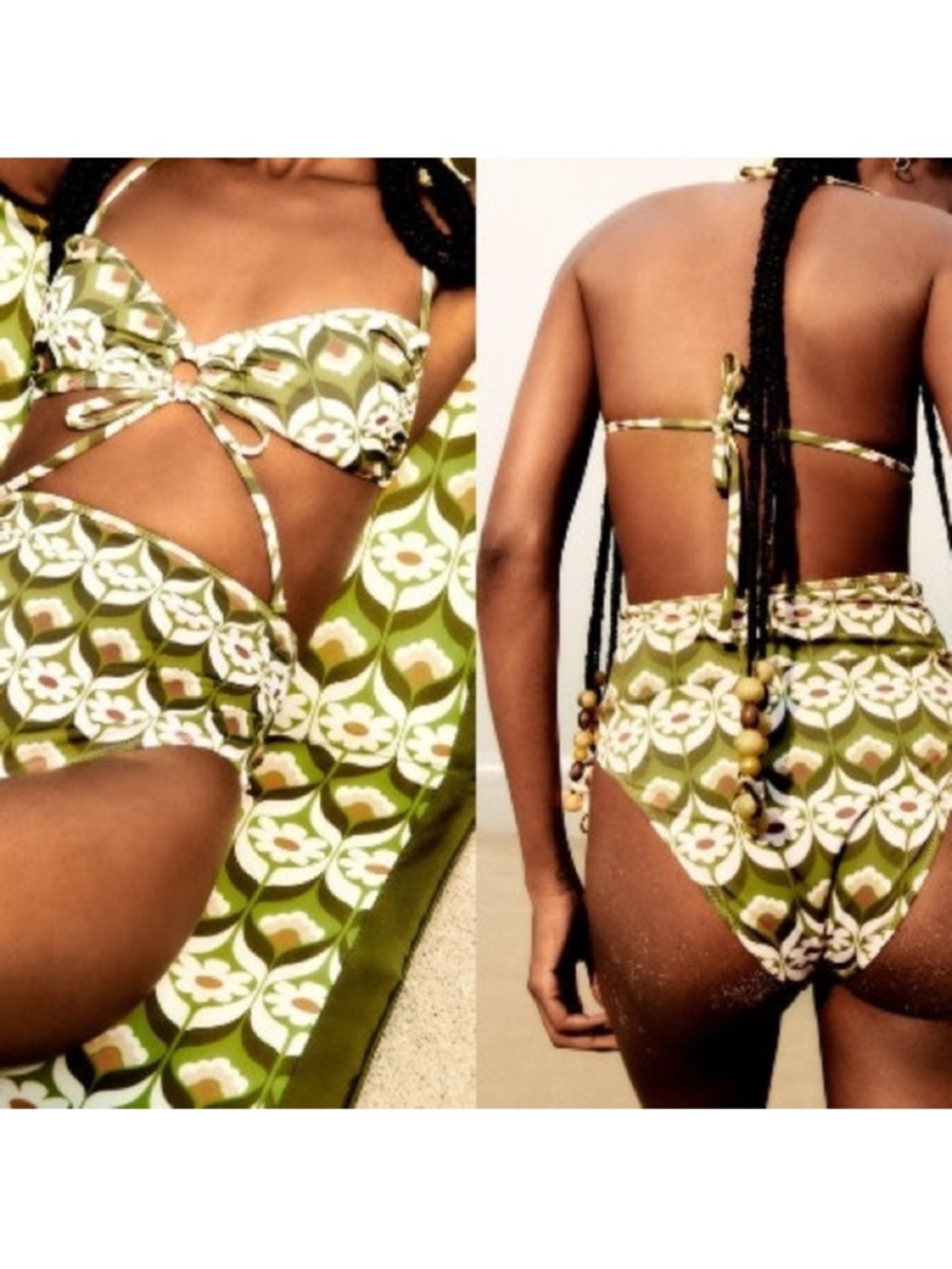 NWT Zara Boho Print Set - High Waist Cheeky Bikini Bottoms Size L & Top Size XL